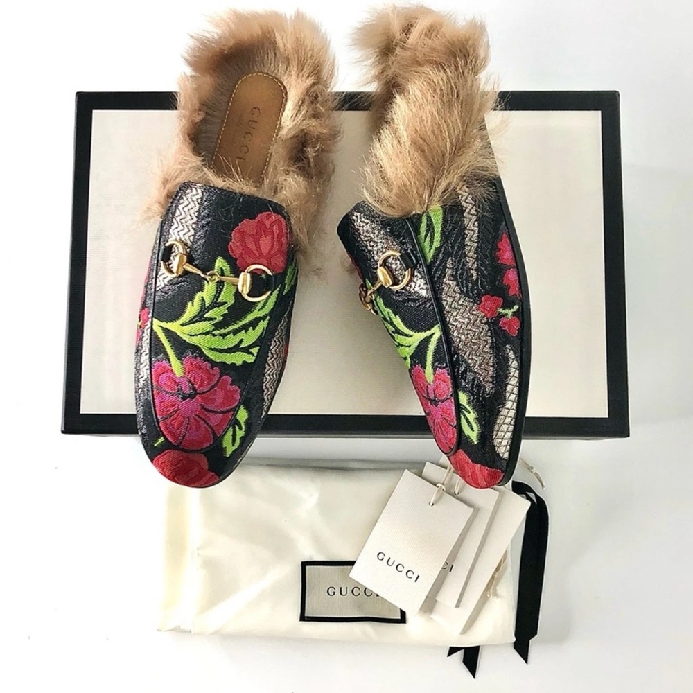 Gucci Tapestry Brocade Fur Lined Princetown Mules Slip On Flats

order (A3)